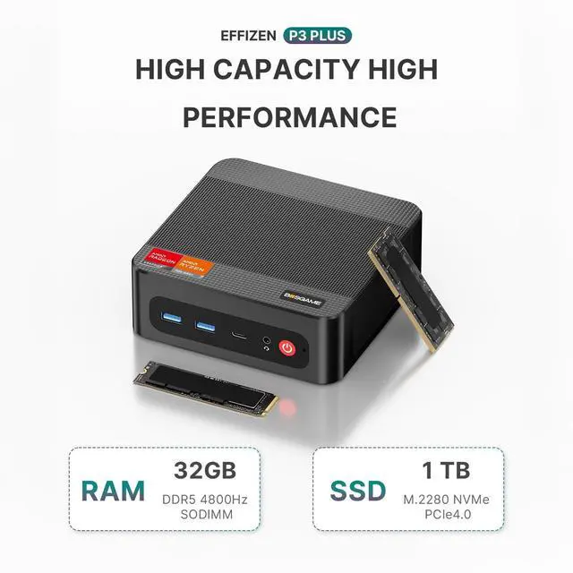 Alt view image 4 of 5 - BOSGAME P3 Plus Mini PC, Mini Computers with AMD Ryzen 7 7840HS, 32GB DDR5 1TB PCle SSD, 4K Triple Display, Dual RJ45 LAN, Wi-Fi 6E/BT5.2, Micro Desktop Computers for Gaming & Office