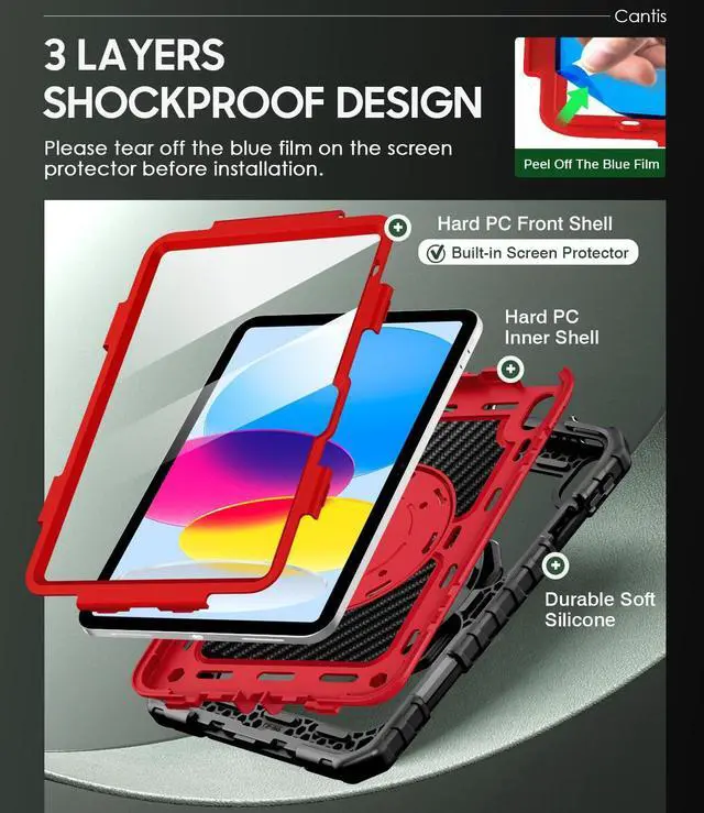 Alt view image 3 of 5 - Cantis Case for iPad (A16) 11th/ 10th Generation 11/ 10.9 Inch 2025/ 2022, Shockproof Case for iPad 11 with Screen Protector/ Rotating Stand/ Adjustable Shoulder Strap/ Pen Holder, Black+Red+Black