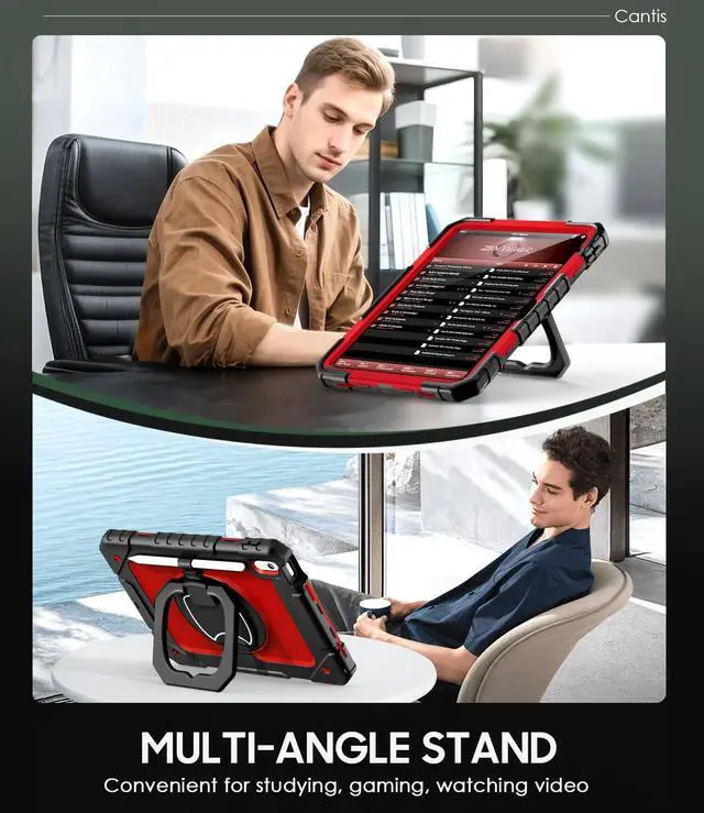 Alt view image 4 of 5 - Cantis Case for iPad (A16) 11th/ 10th Generation 11/ 10.9 Inch 2025/ 2022, Shockproof Case for iPad 11 with Screen Protector/ Rotating Stand/ Adjustable Shoulder Strap/ Pen Holder, Black+Red+Black