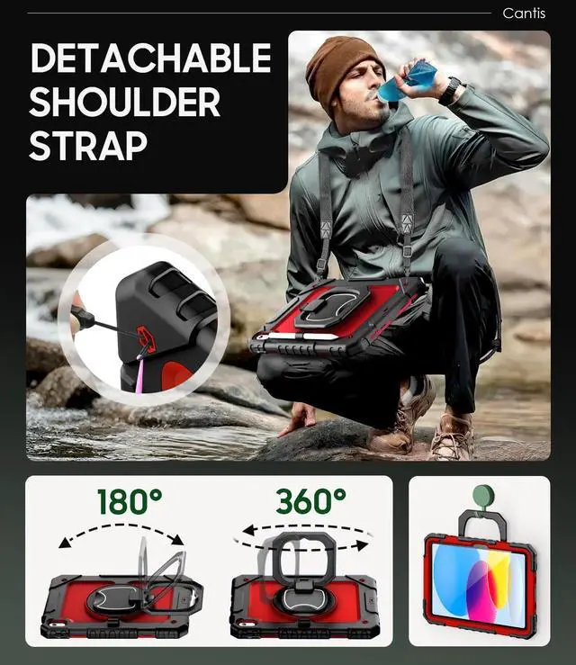 Alt view image 5 of 5 - Cantis Case for iPad (A16) 11th/ 10th Generation 11/ 10.9 Inch 2025/ 2022, Shockproof Case for iPad 11 with Screen Protector/ Rotating Stand/ Adjustable Shoulder Strap/ Pen Holder, Black+Red+Black