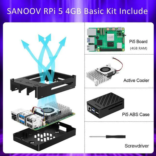 Alt view image 2 of 5 - SANOOV Basic Kit for Raspberry Pi 5 4GB RAM with Active Cooler, Rpi 5 4GB Single Board and ABS Case Included