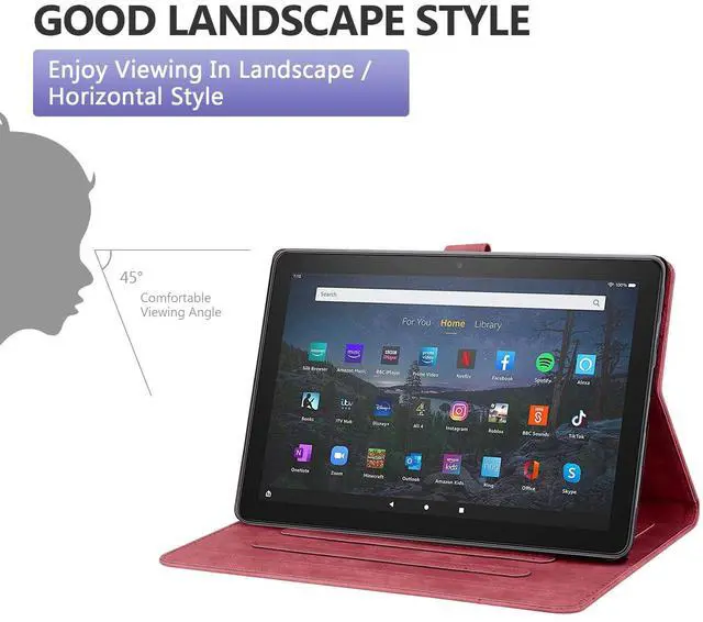 Alt view image 3 of 5 - Dteck Case for All-New Amazon Kindle Fire HD 10 & 10 Plus Tablet (13th/11th Generation, 2023/2021 Release) 10.1", Premium PU Leather Embossed Flower Folio Stand Case Cover with Pencil Holder,WineRed