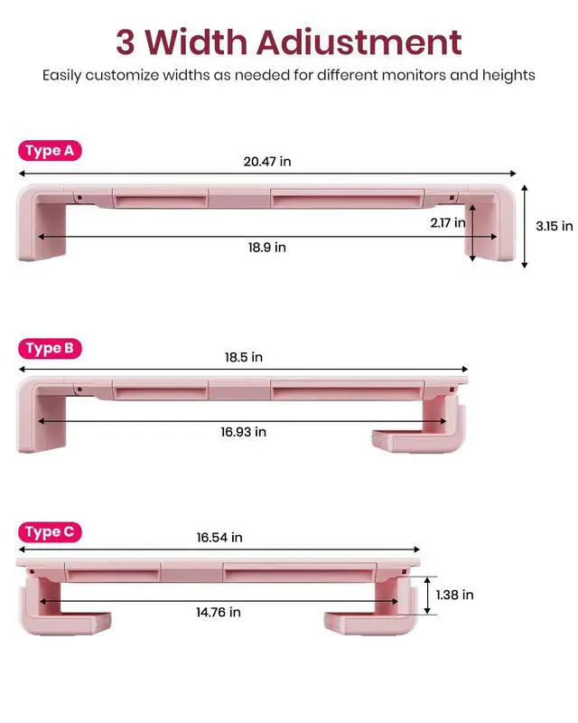 Alt view image 2 of 5 - Pink Monitor Stand Riser, Klearlook Foldable, Height Adjustable Computer Stand, Desk Shelf Riser with Storage Drawer &Tablet Phone Stand for Desktop, Laptop