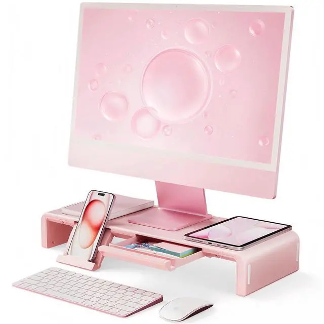 Main image of Pink Monitor Stand Riser, Klearlook Foldable, Height Adjustable Computer Stand, Desk Shelf Riser with Storage Drawer &Tablet Phone Stand for Desktop, Laptop