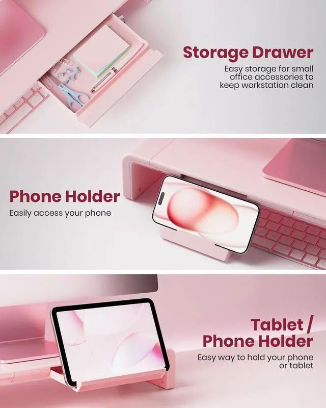 Alt view image 4 of 5 - Pink Monitor Stand Riser, Klearlook Foldable, Height Adjustable Computer Stand, Desk Shelf Riser with Storage Drawer &Tablet Phone Stand for Desktop, Laptop