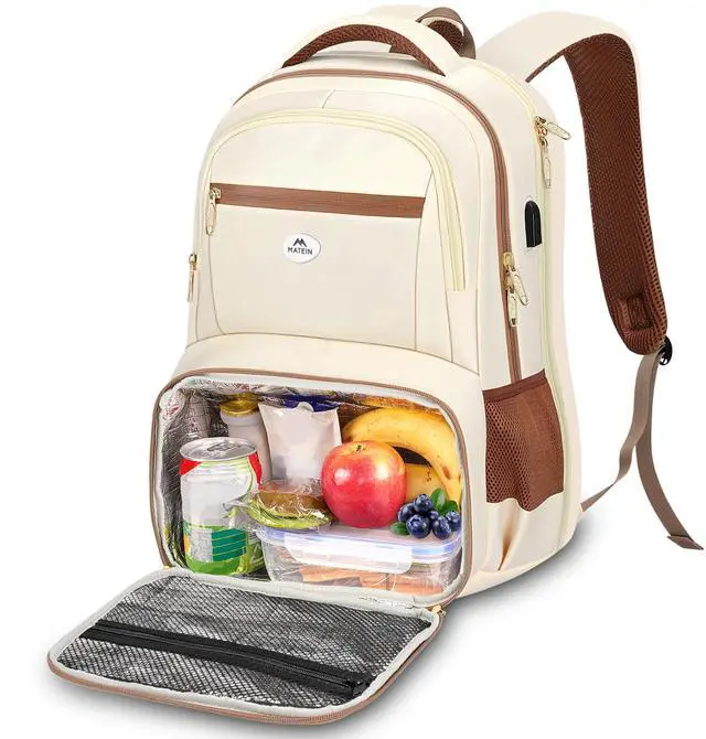 Main image of MATEIN Backpack Lunch Bag for Women, Sturdy Teacher Nurse Insulated Cooler Backpack for Work College Travel Picnic, Stylish Cute Laptop School Bag with Lunch Compartment, Gifts for Her, Beige-Brown