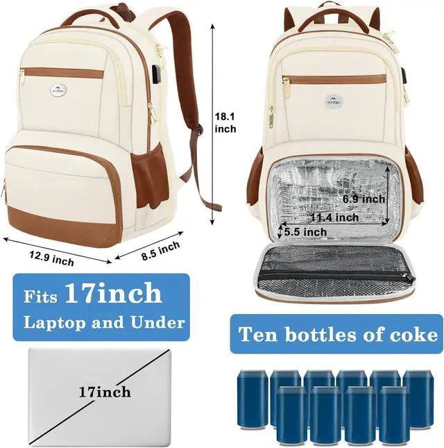 Alt view image 4 of 5 - MATEIN Backpack Lunch Bag for Women, Sturdy Teacher Nurse Insulated Cooler Backpack for Work College Travel Picnic, Stylish Cute Laptop School Bag with Lunch Compartment, Gifts for Her, Beige-Brown