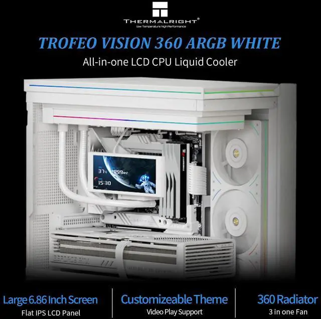 Alt view image 2 of 5 - Thermalright Trofeo Vision 360 ARGB White CPU AIO Cooler,6.86-inch LCD Long Screen High-Performance 360mm Water-Cooled Radiator, IPS LCD Screen with 1280x480 Resolution,for AM4/AM5,Intel LGA1851/1700