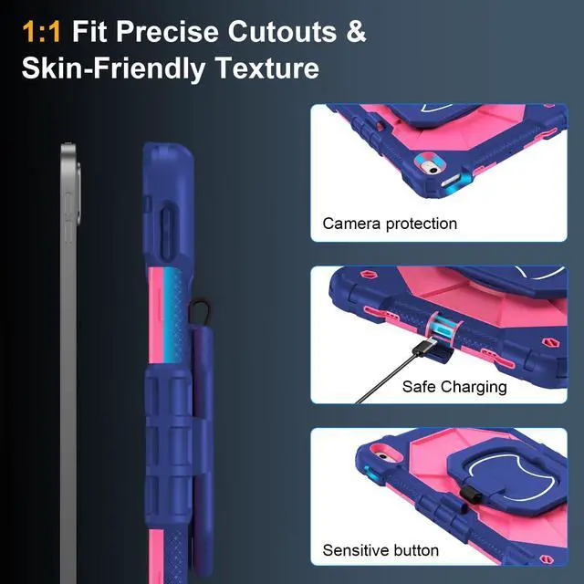 Alt view image 4 of 5 - Case for iPad A16 11th/10th Generation 11 inch/10.9 inch 2025/2022, Ubearkk for iPad a16 case with Screen Protector, 360 Degree Rotating Stand Shoulder Strap Pencil Holder, Navy Pink