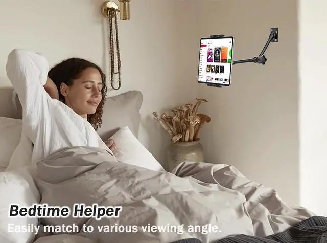 Alt view image 2 of 5 - YOOZ Adjustable Wall Tablet Holder, Tablet Swivel Arm Wall Mount, Drill Base Metal iPad Stand for Kitchen/Bed Room/Counter for 4-12.9" Tablets & Phones, iPad Pro Air Mini, Galaxy Tab, Switch, iPhone