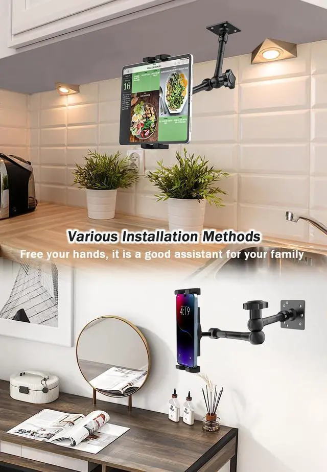 Alt view image 3 of 5 - YOOZ Adjustable Wall Tablet Holder, Tablet Swivel Arm Wall Mount, Drill Base Metal iPad Stand for Kitchen/Bed Room/Counter for 4-12.9" Tablets & Phones, iPad Pro Air Mini, Galaxy Tab, Switch, iPhone