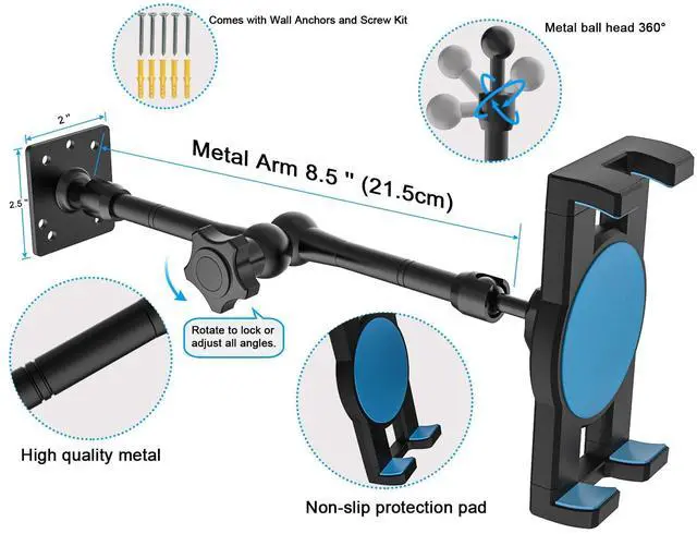 Alt view image 5 of 5 - YOOZ Adjustable Wall Tablet Holder, Tablet Swivel Arm Wall Mount, Drill Base Metal iPad Stand for Kitchen/Bed Room/Counter for 4-12.9" Tablets & Phones, iPad Pro Air Mini, Galaxy Tab, Switch, iPhone