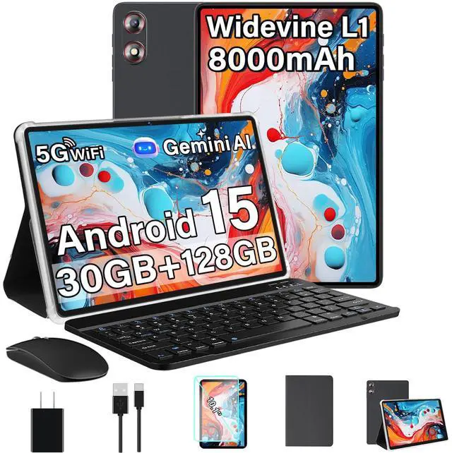 Main image of Android 15 Tablet 30GB+128GB+1TB Expand, 2025 10.1 Inch Octa-Core 8000mAh Electronics Tablets with Keyboard Mouse, Gemini AI, 5G WiFi, 1280x800 IPS Touchscreen, GPS, BT5.0, Widevine L1 -Metal Black
