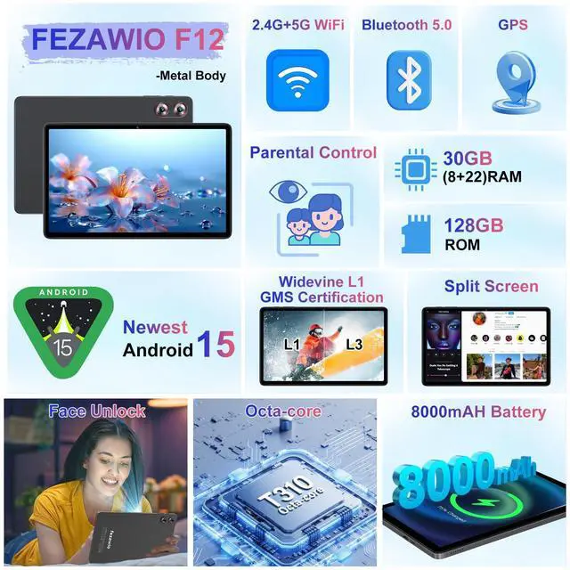 Alt view image 3 of 5 - Android 15 Tablet 30GB+128GB+1TB Expand, 2025 10.1 Inch Octa-Core 8000mAh Electronics Tablets with Keyboard Mouse, Gemini AI, 5G WiFi, 1280x800 IPS Touchscreen, GPS, BT5.0, Widevine L1 -Metal Black