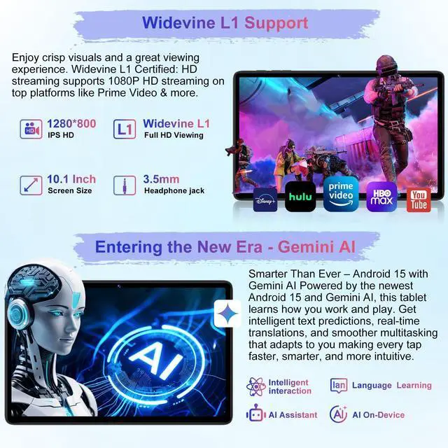 Alt view image 5 of 5 - Android 15 Tablet 30GB+128GB+1TB Expand, 2025 10.1 Inch Octa-Core 8000mAh Electronics Tablets with Keyboard Mouse, Gemini AI, 5G WiFi, 1280x800 IPS Touchscreen, GPS, BT5.0, Widevine L1 -Metal Black