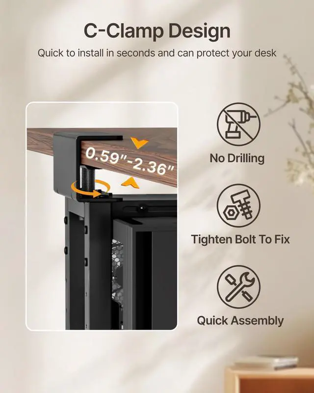 Alt view image 4 of 5 - monTEK 66 LBS Heavy-Duty Under Desk PC Mount, Adjustable No-Drill PC Mount with Protective Pads,16.1"-25.6" H, Ideal for Office Home Classroom, Black