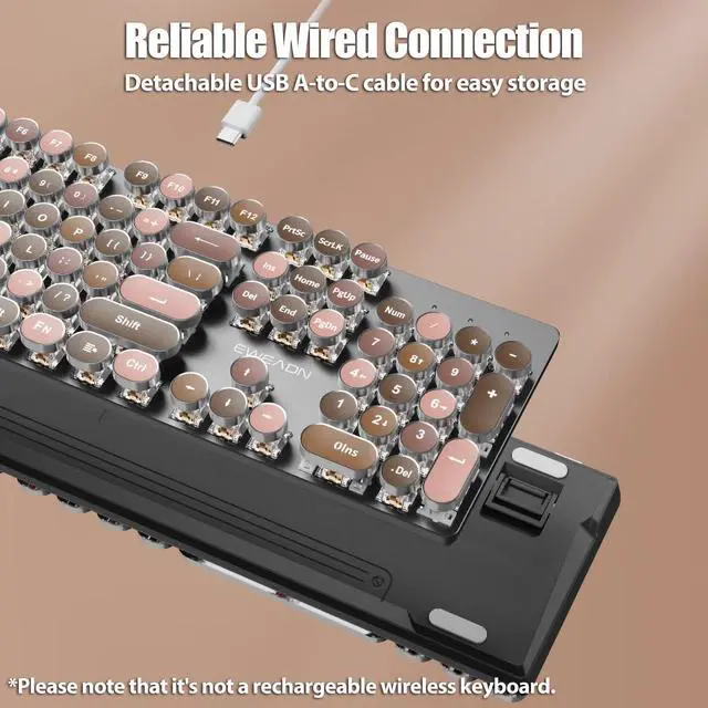 Alt view image 3 of 5 - TISHLED Typewriter Style Mechanical Gaming Keyboard Wired USB-C Retro Round Keycaps Aesthetic Lipstick Colorful 104 Keys NKRO Tactile White Switches White LED Backlit Metal Panel, Lipstick Brown