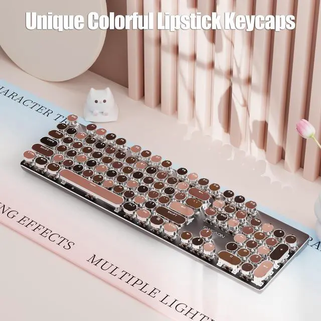 Alt view image 2 of 5 - TISHLED Typewriter Style Mechanical Gaming Keyboard Wired USB-C Retro Round Keycaps Aesthetic Lipstick Colorful 104 Keys NKRO Tactile White Switches White LED Backlit Metal Panel, Lipstick Brown