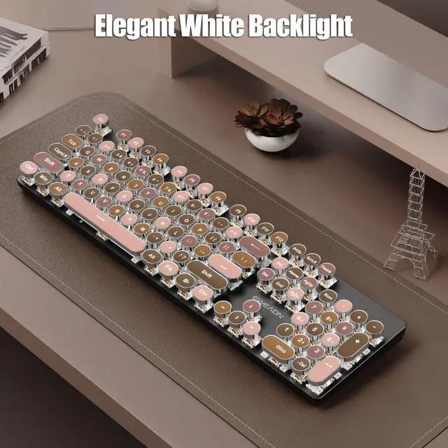 Alt view image 5 of 5 - TISHLED Typewriter Style Mechanical Gaming Keyboard Wired USB-C Retro Round Keycaps Aesthetic Lipstick Colorful 104 Keys NKRO Tactile White Switches White LED Backlit Metal Panel, Lipstick Brown