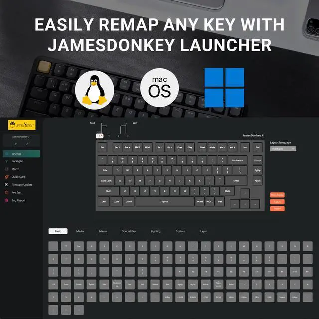 Alt view image 3 of 5 - JamesDonkey J1 Low-Profile Wireless Mechanical Keyboard - QMK/VIA RGB Backlit, 2.4G/Bluetooth/USB-C Triple Mode, 75% Layout PBT Keycaps, Brown Tactile Switch, Mac/Win/Linux Compatible - Black