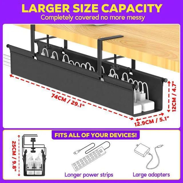 Alt view image 4 of 5 - Large Under Desk Cable Management Tray, REFLYING 29.1" Cable Management Under Desk No Drill,Adjustable Clamp Cord Wire Organizer, Cord Hider for Standing Table, Wire Hider for Office,Home (Medium)