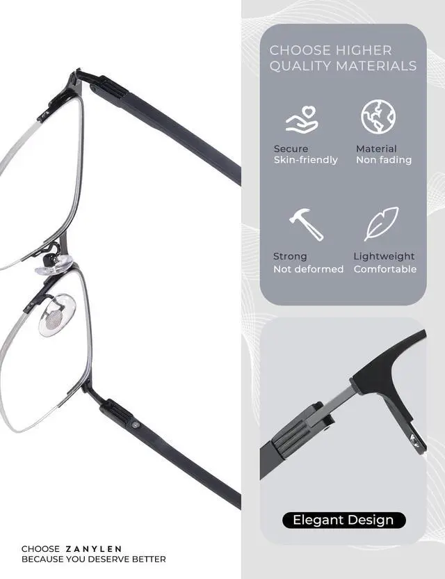 Alt view image 4 of 5 - ZanyLen Blue Light Blocking Glasses Men Computer Gaming Glasses Rectangle Metal Semi-rimless Black Frame Anti Glare/UV400 Clear Lens
