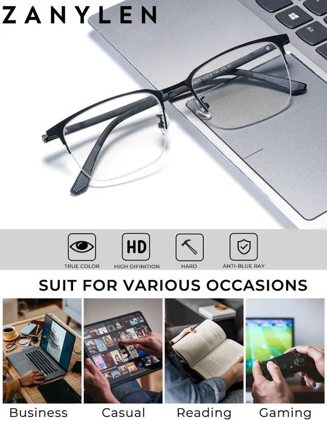 Alt view image 3 of 5 - ZanyLen Blue Light Blocking Glasses Men Computer Gaming Glasses Rectangle Metal Semi-rimless Black Frame Anti Glare/UV400 Clear Lens