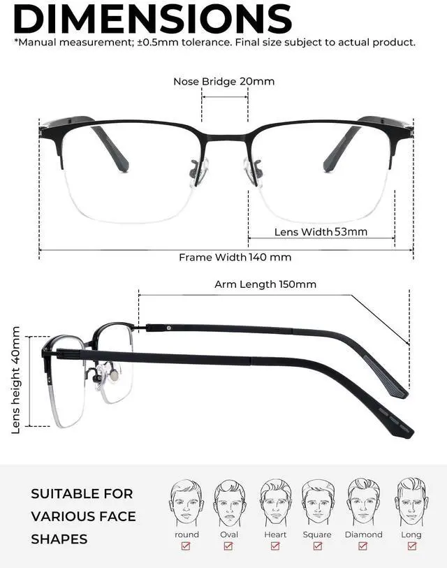 Alt view image 5 of 5 - ZanyLen Blue Light Blocking Glasses Men Computer Gaming Glasses Rectangle Metal Semi-rimless Black Frame Anti Glare/UV400 Clear Lens