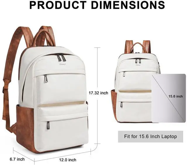 Alt view image 3 of 5 - tiamyi Leather Laptop Backpack for Women, Fits 15.6 Inch Laptop, Leather Backpack with 2 Water Bottle Pockets, Hidden Zipper and Luggage Strap, Ideal for Work, Travel, College, Everyday Use, Beige
