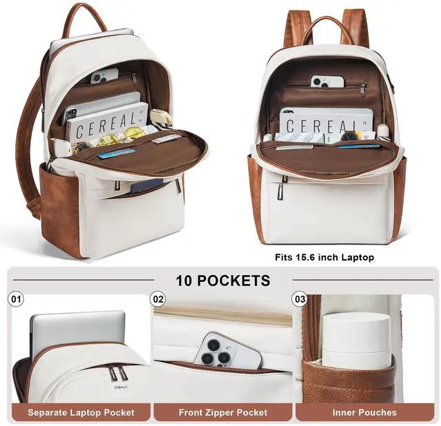 Alt view image 5 of 5 - tiamyi Leather Laptop Backpack for Women, Fits 15.6 Inch Laptop, Leather Backpack with 2 Water Bottle Pockets, Hidden Zipper and Luggage Strap, Ideal for Work, Travel, College, Everyday Use, Beige