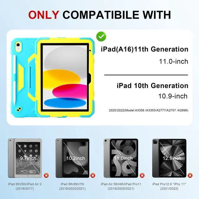 Alt view image 2 of 5 - Case for iPad 11th (A16) 11" 2025, iPad 10th Generation 10.9" 2022,Military Grade Shockproof iPad Case Built-in 360° Rotating Stand/Pen Slot/Shoulder Strap, for iPad 11th Gen/10th Gen (Blue+Yellow)