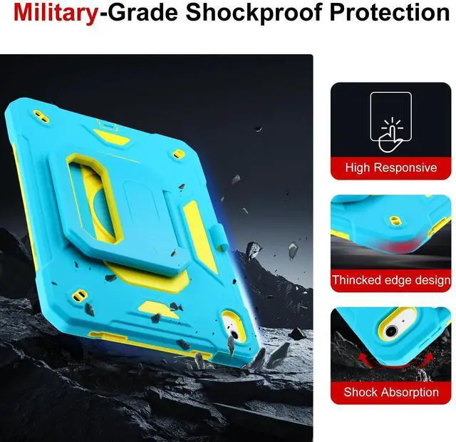 Alt view image 3 of 5 - Case for iPad 11th (A16) 11" 2025, iPad 10th Generation 10.9" 2022,Military Grade Shockproof iPad Case Built-in 360° Rotating Stand/Pen Slot/Shoulder Strap, for iPad 11th Gen/10th Gen (Blue+Yellow)
