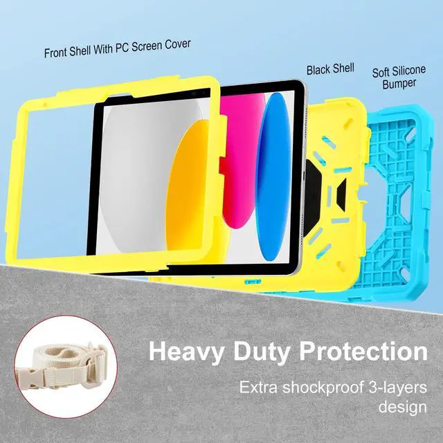 Alt view image 4 of 5 - Case for iPad 11th (A16) 11" 2025, iPad 10th Generation 10.9" 2022,Military Grade Shockproof iPad Case Built-in 360° Rotating Stand/Pen Slot/Shoulder Strap, for iPad 11th Gen/10th Gen (Blue+Yellow)