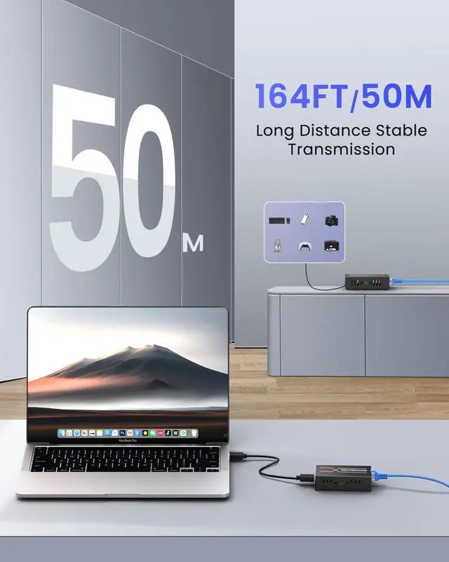 Alt view image 3 of 5 - avedio links 164ft/50m USB Extender Over Cat6/7, 4 USB 2.0 Ports Single Ethernet Extender with POC Power Supply, ESD Protection, Plug and Play for Webcam, Keyboard, Mouse, Printer