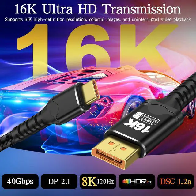 Alt view image 3 of 5 - XMSJSIY USB C to DisplayPort 2.1 Cable Bidirectional [16K@30Hz 8K@120Hz 4K@240Hz] USB Type-C to DP [Thunderbolt 3/4 Compatible] 40Gbps DisplayPort Cord Support DSC HDR VRR ALLM - 2M/6.56FT