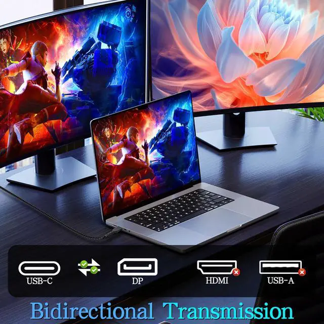 Alt view image 4 of 5 - XMSJSIY USB C to DisplayPort 2.1 Cable Bidirectional [16K@30Hz 8K@120Hz 4K@240Hz] USB Type-C to DP [Thunderbolt 3/4 Compatible] 40Gbps DisplayPort Cord Support DSC HDR VRR ALLM - 2M/6.56FT