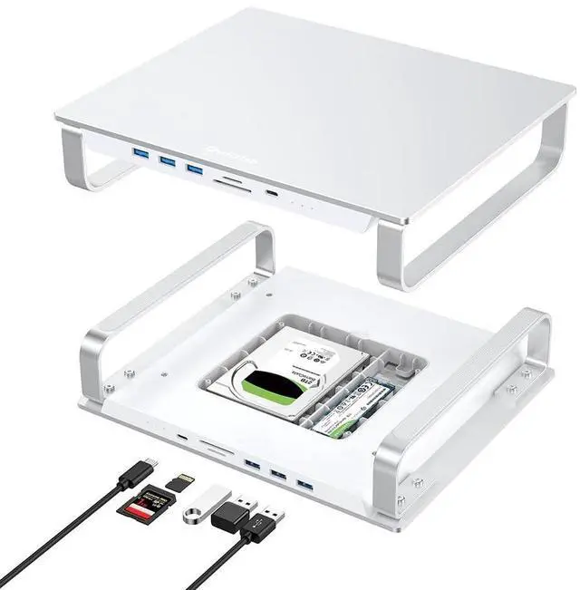 Main image of Qwiizlab USB C Hub Stand with Dual Drive Enclosure, Docking Station for Mac Studio Mac mini M2/M1/Intel, Type-C 10Gbps, Card Readers 100MB/s, Fits M.2 NVMe NGFF SSD & 2.5'' SATA SSD (Silver)