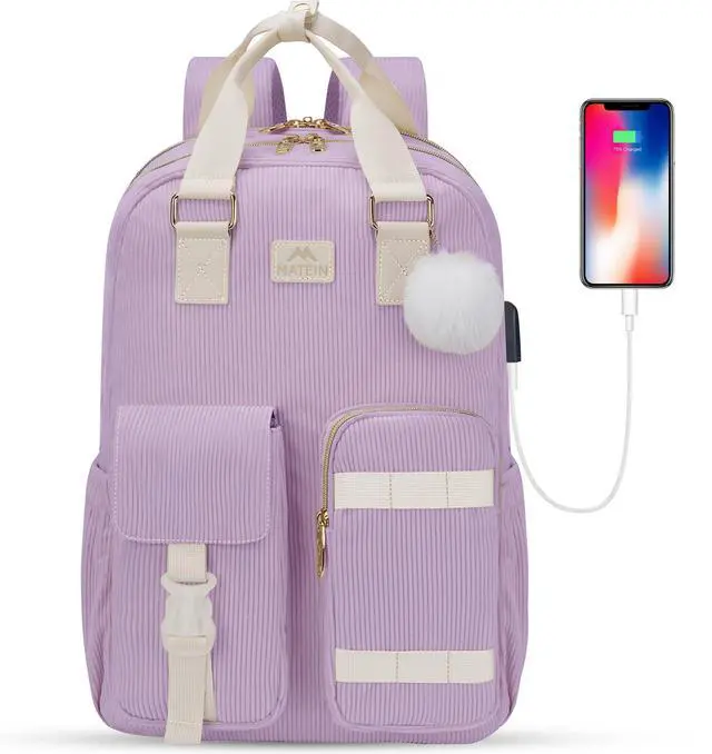 Main image of MATEIN Cute School Backpack for Teens Girls, 15.6 Inch Kawaii College Backpack Corduroy Computer Bookbag with USB Charging Port, TSA Lightweight Laptop Back Pack Aesthetic Preppy Kids Students, Purple