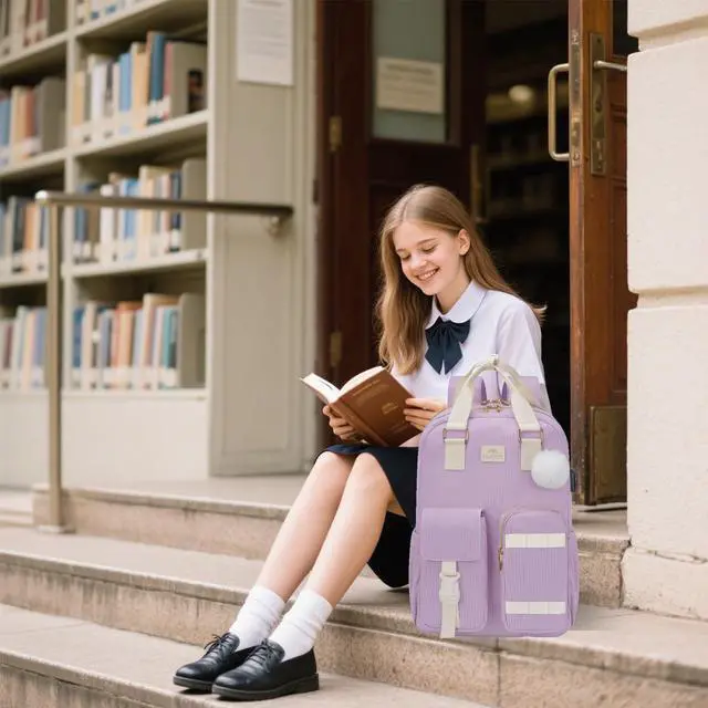 Alt view image 2 of 5 - MATEIN Cute School Backpack for Teens Girls, 15.6 Inch Kawaii College Backpack Corduroy Computer Bookbag with USB Charging Port, TSA Lightweight Laptop Back Pack Aesthetic Preppy Kids Students, Purple