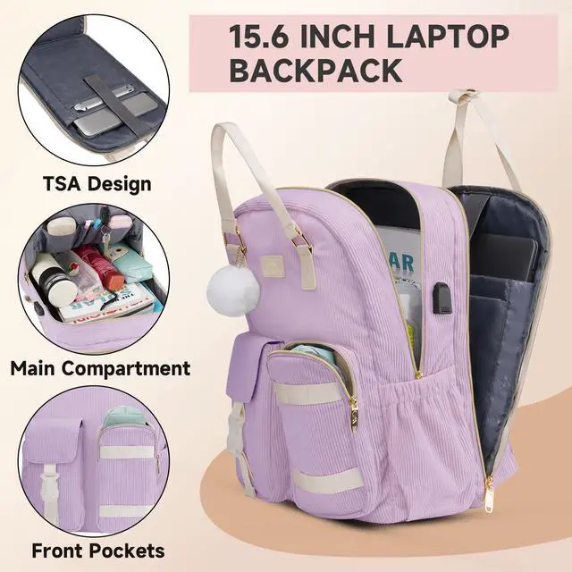 Alt view image 4 of 5 - MATEIN Cute School Backpack for Teens Girls, 15.6 Inch Kawaii College Backpack Corduroy Computer Bookbag with USB Charging Port, TSA Lightweight Laptop Back Pack Aesthetic Preppy Kids Students, Purple