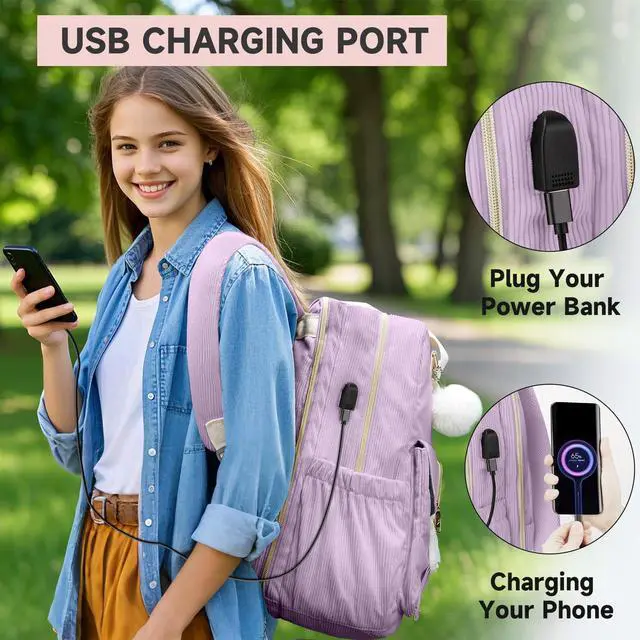 Alt view image 5 of 5 - MATEIN Cute School Backpack for Teens Girls, 15.6 Inch Kawaii College Backpack Corduroy Computer Bookbag with USB Charging Port, TSA Lightweight Laptop Back Pack Aesthetic Preppy Kids Students, Purple