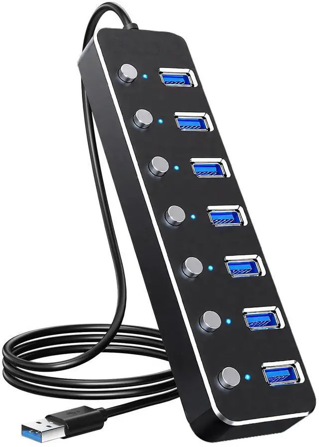 Main image of USB 3.0 Hub 7 Port USB Hub with 2ft Long Cable Aluminum USB Hub for Laptop and PC with Individual On/Off Switch and LED Indicator