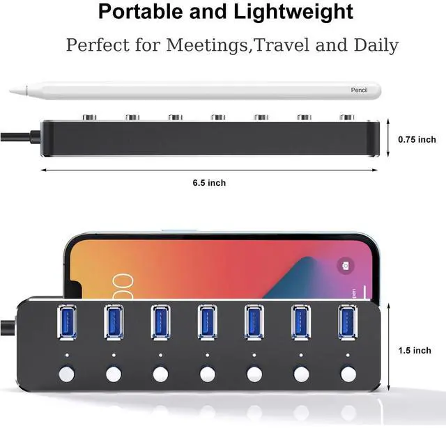 Alt view image 2 of 5 - USB 3.0 Hub 7 Port USB Hub with 2ft Long Cable Aluminum USB Hub for Laptop and PC with Individual On/Off Switch and LED Indicator