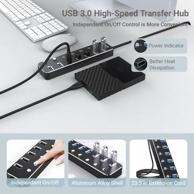 Alt view image 5 of 5 - USB 3.0 Hub 7 Port USB Hub with 2ft Long Cable Aluminum USB Hub for Laptop and PC with Individual On/Off Switch and LED Indicator
