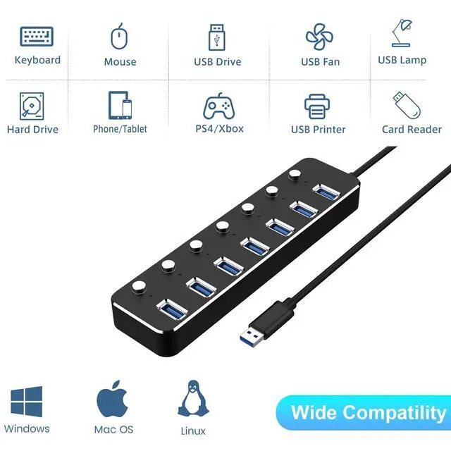 Alt view image 3 of 5 - USB 3.0 Hub 7 Port USB Hub with 2ft Long Cable Aluminum USB Hub for Laptop and PC with Individual On/Off Switch and LED Indicator