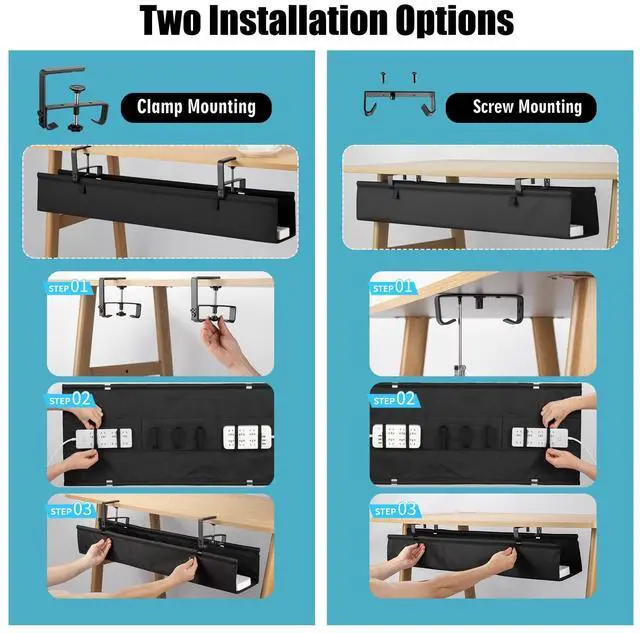 Alt view image 3 of 5 - Oxford Cloth Under Desk Cable Management Tray,No-Drill 48" Desk Cable Management Organizer with Clip/Screw Installation,Holds Up to 70 lbs,Fabric Cable Management for Home,Office & Gaming Computer