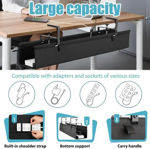 Alt view image 2 of 5 - Oxford Cloth Under Desk Cable Management Tray,No-Drill 48" Desk Cable Management Organizer with Clip/Screw Installation,Holds Up to 70 lbs,Fabric Cable Management for Home,Office & Gaming Computer