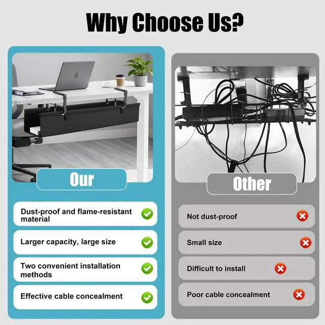 Alt view image 5 of 5 - Oxford Cloth Under Desk Cable Management Tray,No-Drill 48" Desk Cable Management Organizer with Clip/Screw Installation,Holds Up to 70 lbs,Fabric Cable Management for Home,Office & Gaming Computer