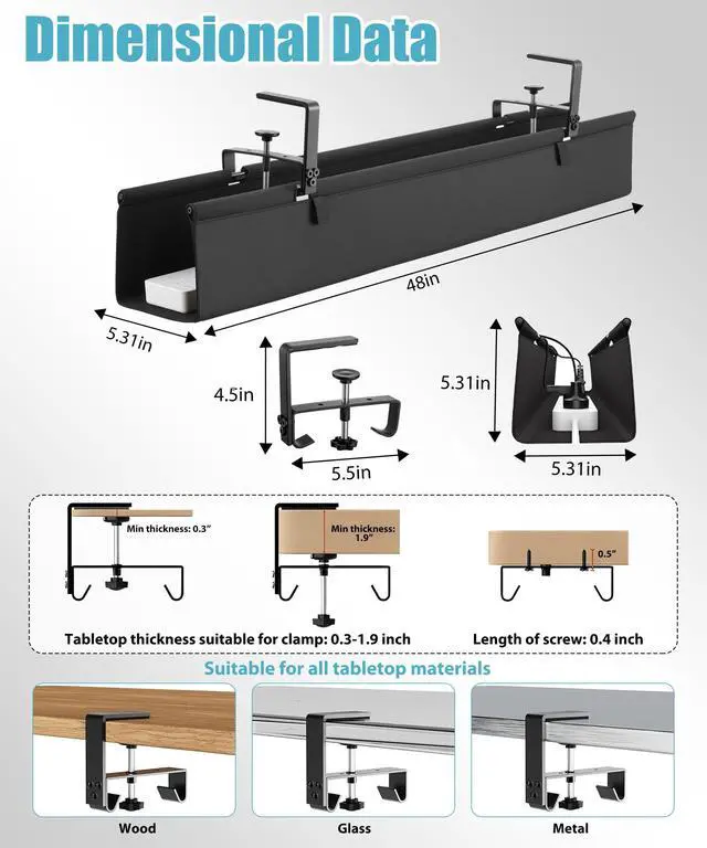 Alt view image 4 of 5 - Oxford Cloth Under Desk Cable Management Tray,No-Drill 48" Desk Cable Management Organizer with Clip/Screw Installation,Holds Up to 70 lbs,Fabric Cable Management for Home,Office & Gaming Computer
