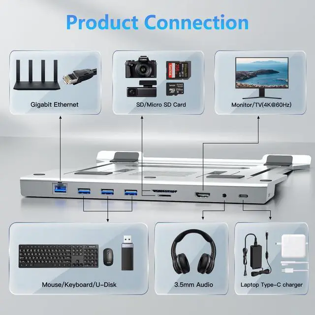 Alt view image 3 of 5 - Ergonomic Laptop Stand with Docking Station for Office&Home, Adjustable Aluminum Laptop Docking Station Stand,9-in-1 Multifunctional Laptop Stand,Essential Docking Stand for MacBook Pro/Dell/HP/Acer